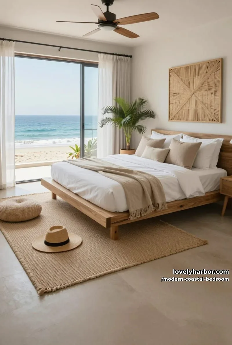 modern coastal bedroom with floor-to-ceiling ocean view window and natural accents. 1