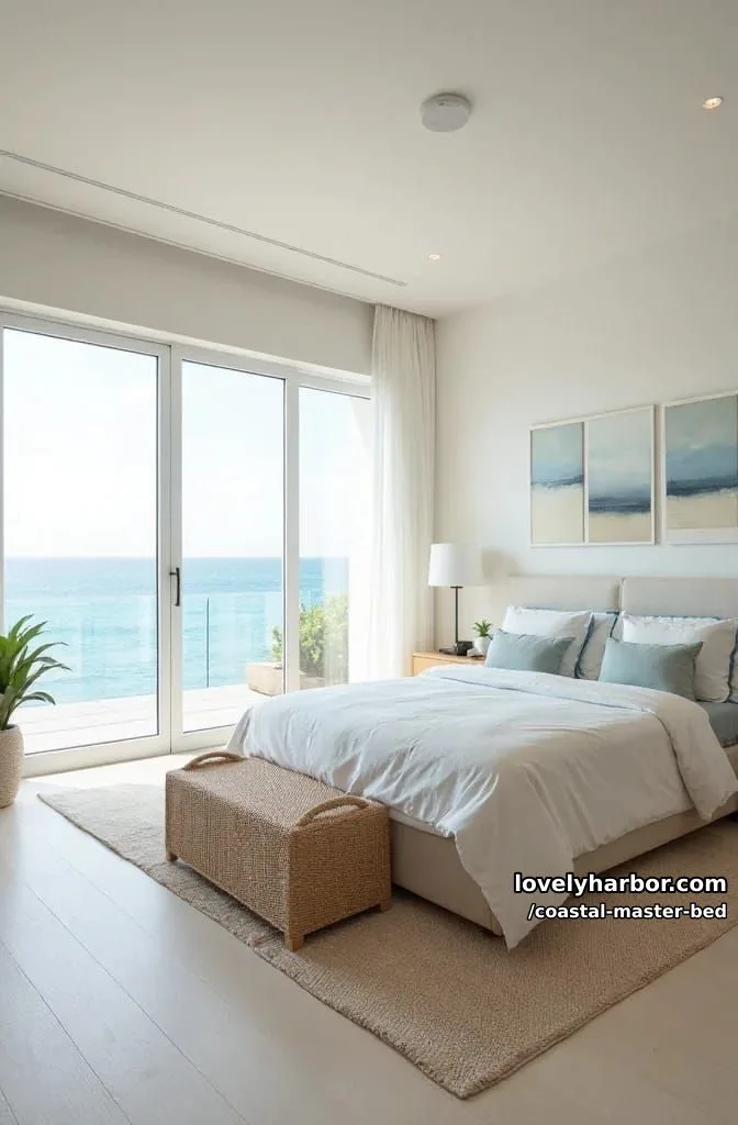 modern coastal bedroom with glass doors, ocean view, and airy decor. 1