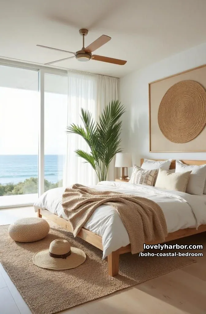 20 Boho Coastal Bedroom Ideas for a Dreamy Retreat 19 modern coastal bedroom with panoramic ocean view, woven accents, and palm plant. 1