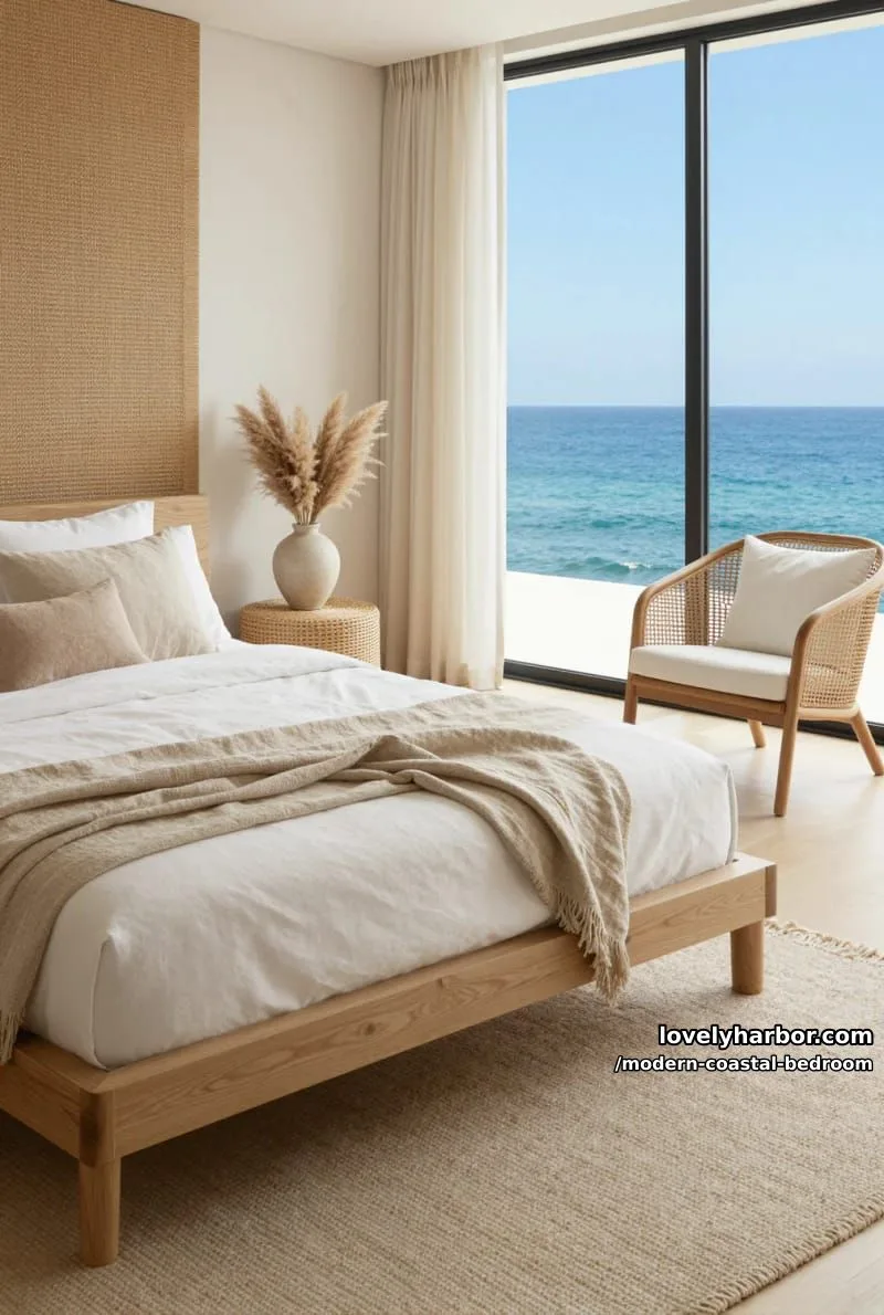 modern coastal bedroom with rattan headboard, glass doors, and natural sunlight. 1