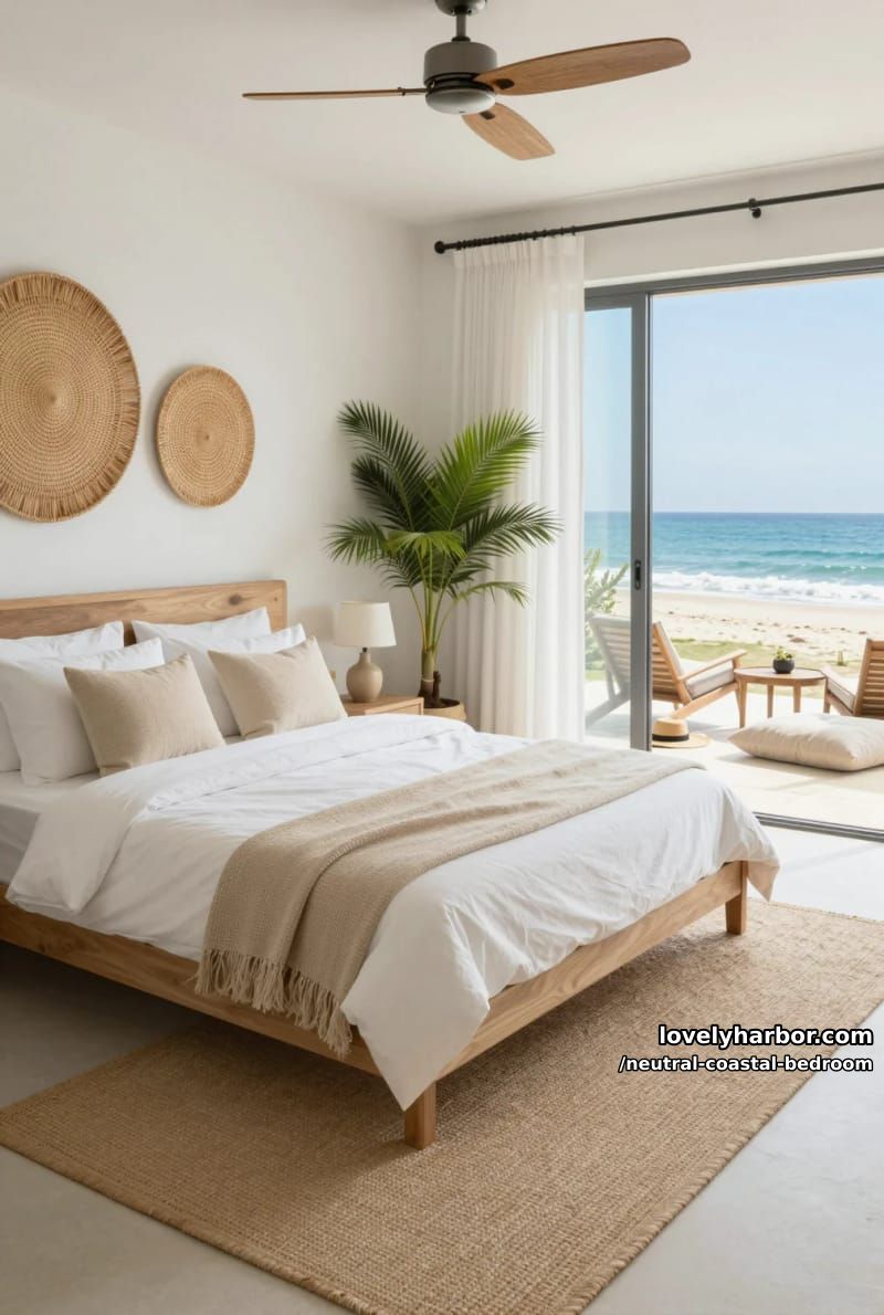 modern coastal bedroom with wood bed, woven wall art, jute rug, and ocean view. 1