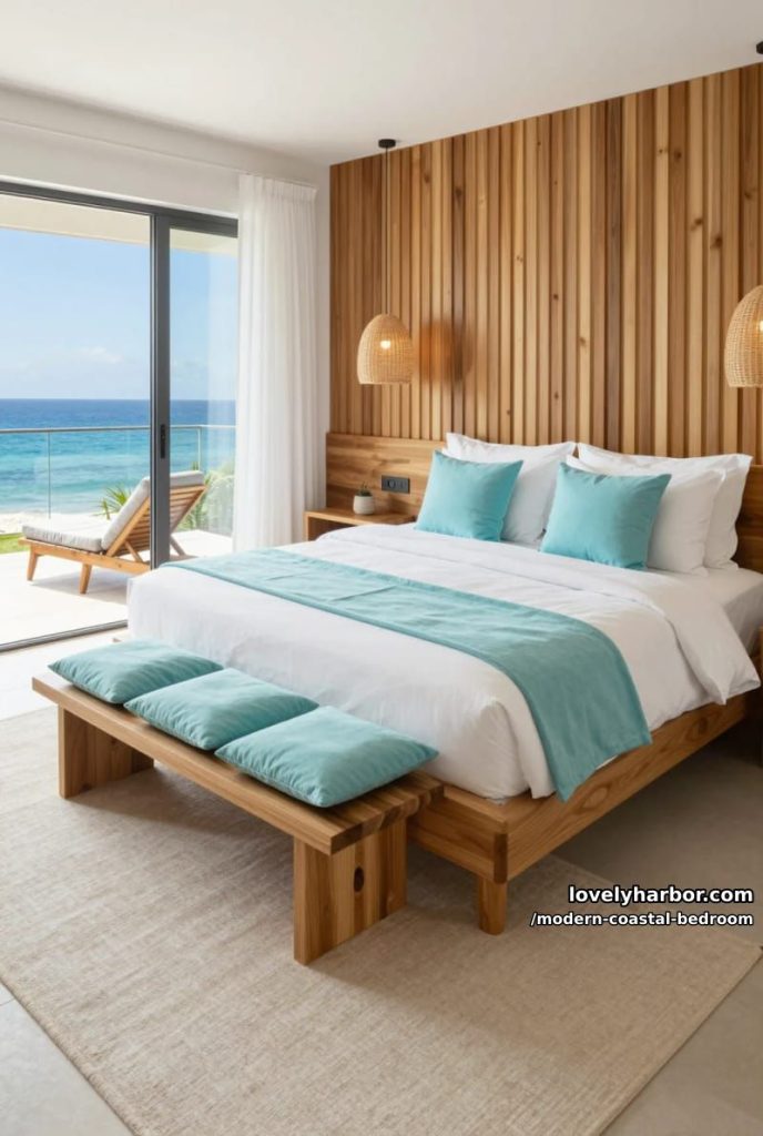 modern coastal bedroom with wood platform bed, aqua accents, and rattan lighting. 12