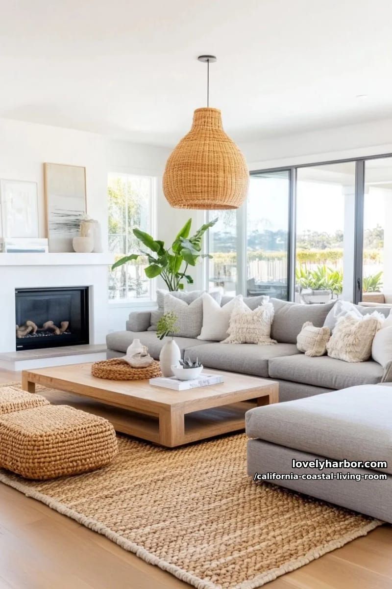 modern coastal living room, sectional sofa, sliding doors, and fireplace. 1