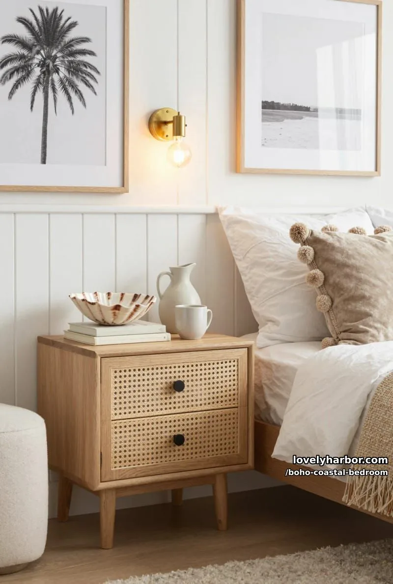 20 Boho Coastal Bedroom Ideas for a Dreamy Retreat 21 modern corner with rattan nightstand, pom-pom pillow, and minimalist art. 1