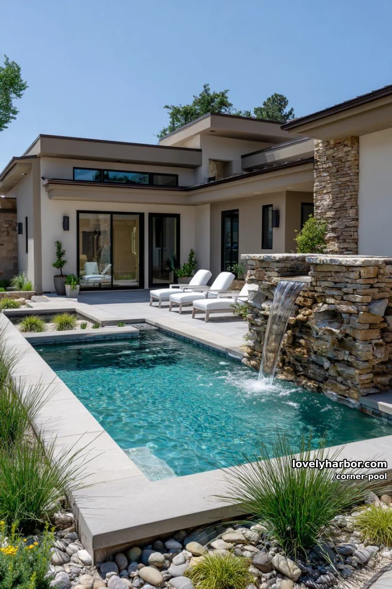 modern courtyard pool with stone waterfall and white lounge chairs 1