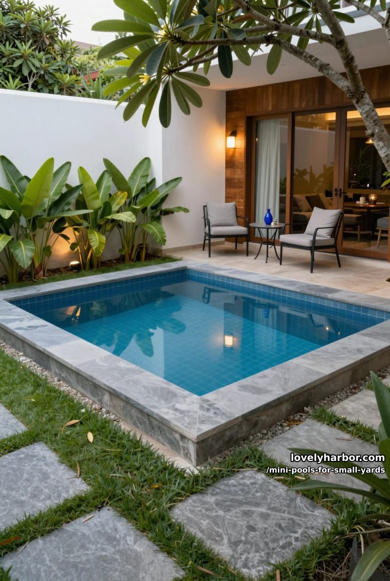 modern courtyard with square plunge pool, slate tiles, tropical greenery, and patio seating. 1