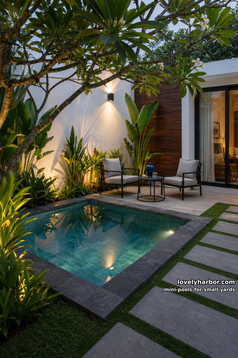 modern courtyard with square plunge pool, slate tiles, tropical greenery, and patio seating. 1