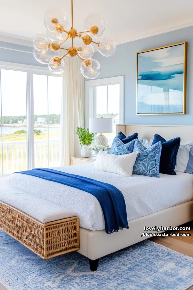 modern cream bed with gold accents, blue decor, and bubble pendant light. 1