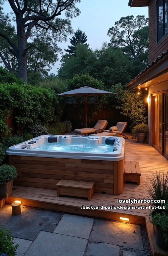 20 Dreamy Backyard Patios with Hot Tubs to Inspire 3 modern deck with square hot tub, led steps, seating, and dense foliage. 1