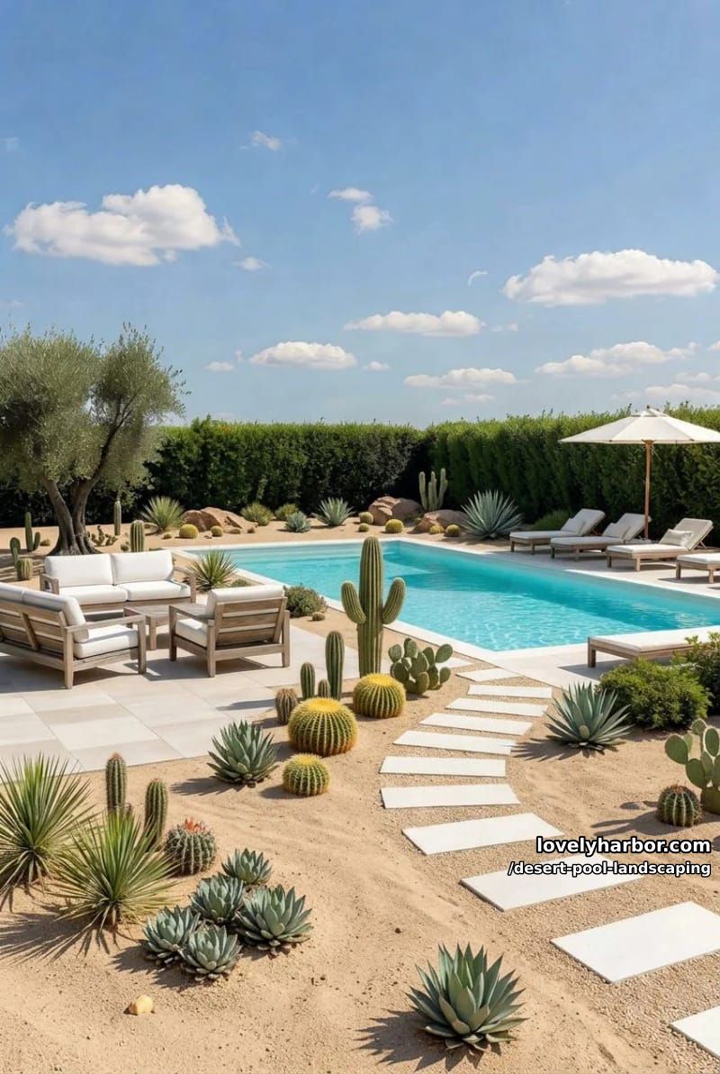 modern desert inspired backyard with rectangular pool, hedges, lounge areas, cacti, and succulents. 1
