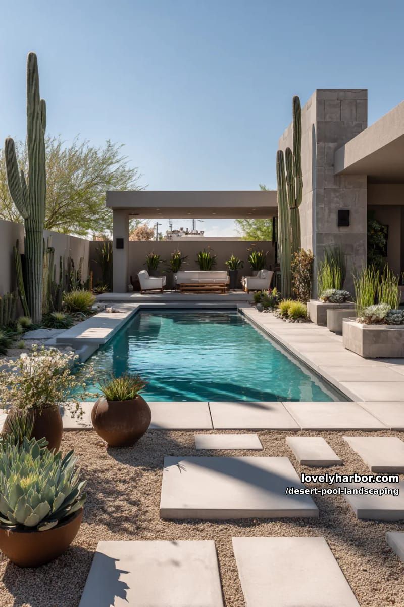 modern desert-themed backyard with rectangular pool, cacti and potted succulents, grid stepping stones, and minimalist pergola. 1