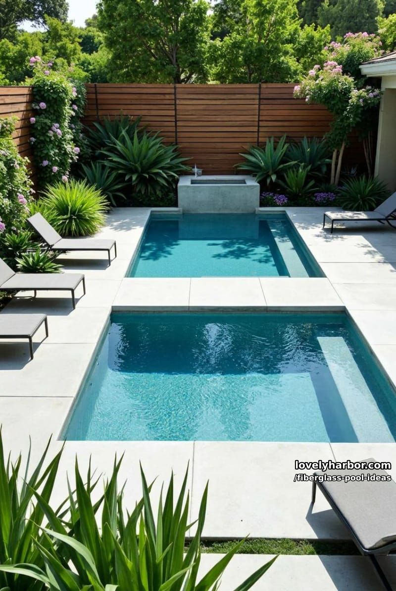 modern geometric pool with two square sections, gray lounge chairs, and lush landscaping. 1