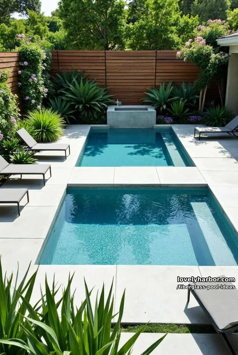 20 Fiberglass Pool Ideas for a Cozy Outdoor Retreat 15 modern geometric pool with two square sections, gray lounge chairs, and lush landscaping. 1