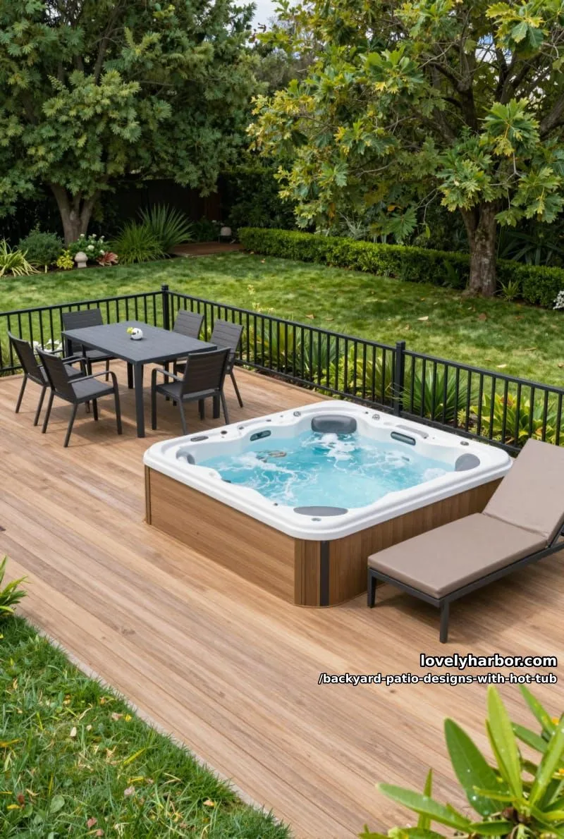 20 Dreamy Backyard Patios with Hot Tubs to Inspire 10 modern hot tub on wooden deck with dining set, lounge, and landscaped garden. 1