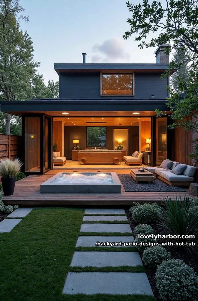 20 Dreamy Backyard Patios with Hot Tubs to Inspire 20 modern house with deck, hot tub, patio seating, and landscaped garden. 1