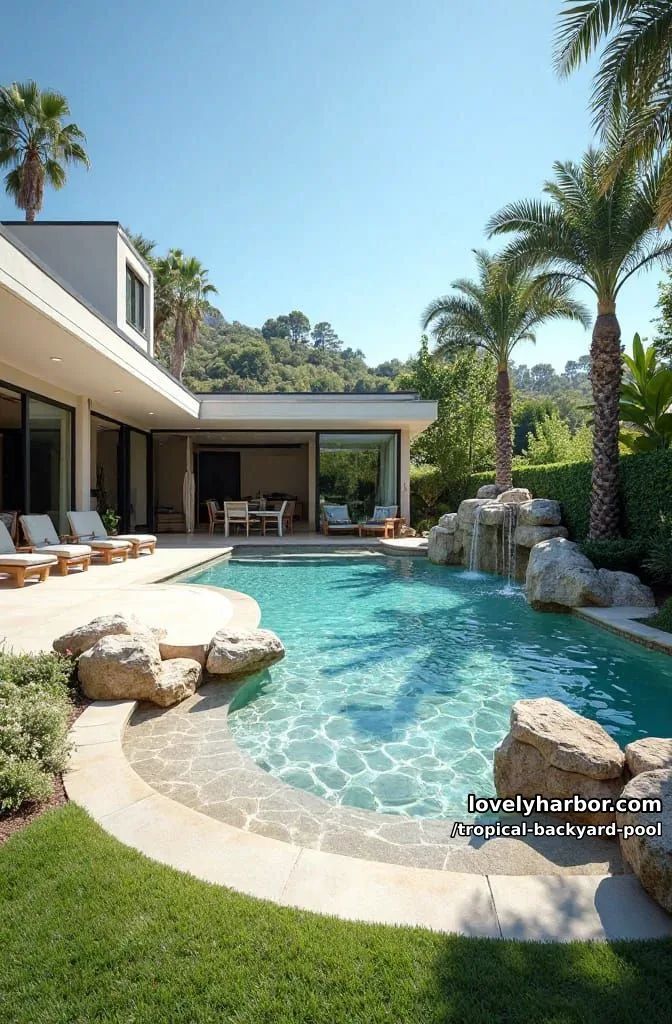 20 Tropical Backyard Pools That Feel Like a Resort 13 modern house with freeform pool, sandy entry, rock fountains, and patio 1