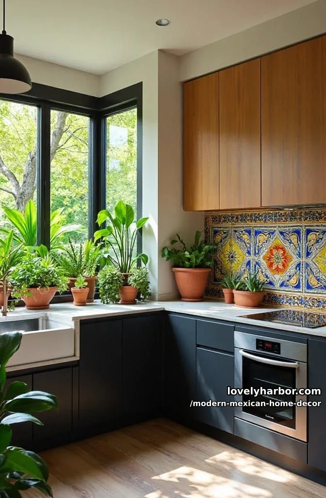 18 Modern Mexican Decor for a Stylish Home 15 modern kitchen with black cabinets, colorful mexican tile backsplash, and plants. 1