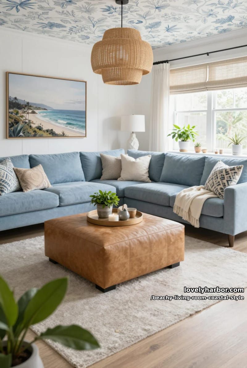 modern living room with blue sectional, tan ottoman, and botanical wallpaper 1