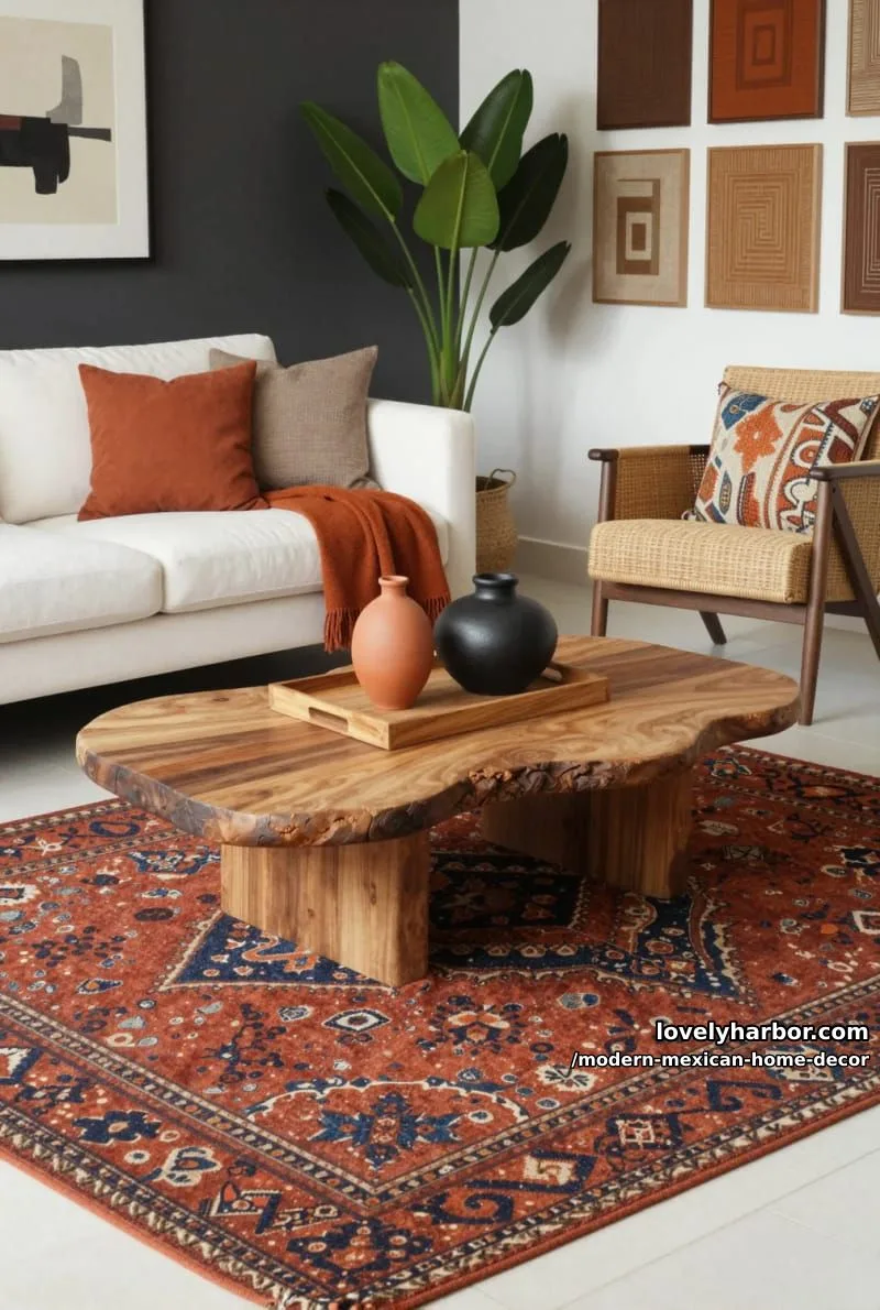 18 Modern Mexican Decor for a Stylish Home 19 modern living room with earthy throw pillows, organic coffee table, and art walls. 1
