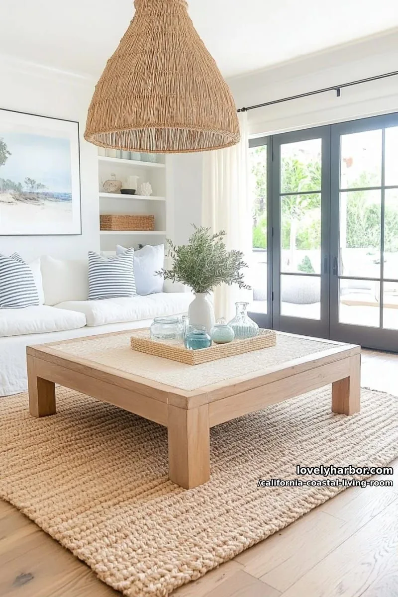 modern living room with rattan pendant, beige ottoman, and black-framed doors. 1