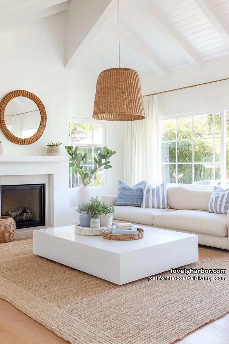 modern living room, woven pendant, white coffee table, mirror, and fireplace. 1