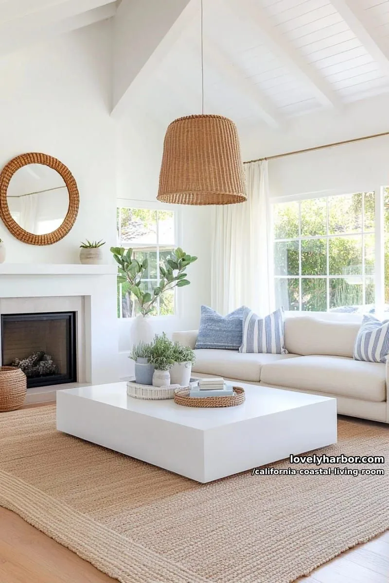 modern living room, woven pendant, white coffee table, mirror, and fireplace. 1