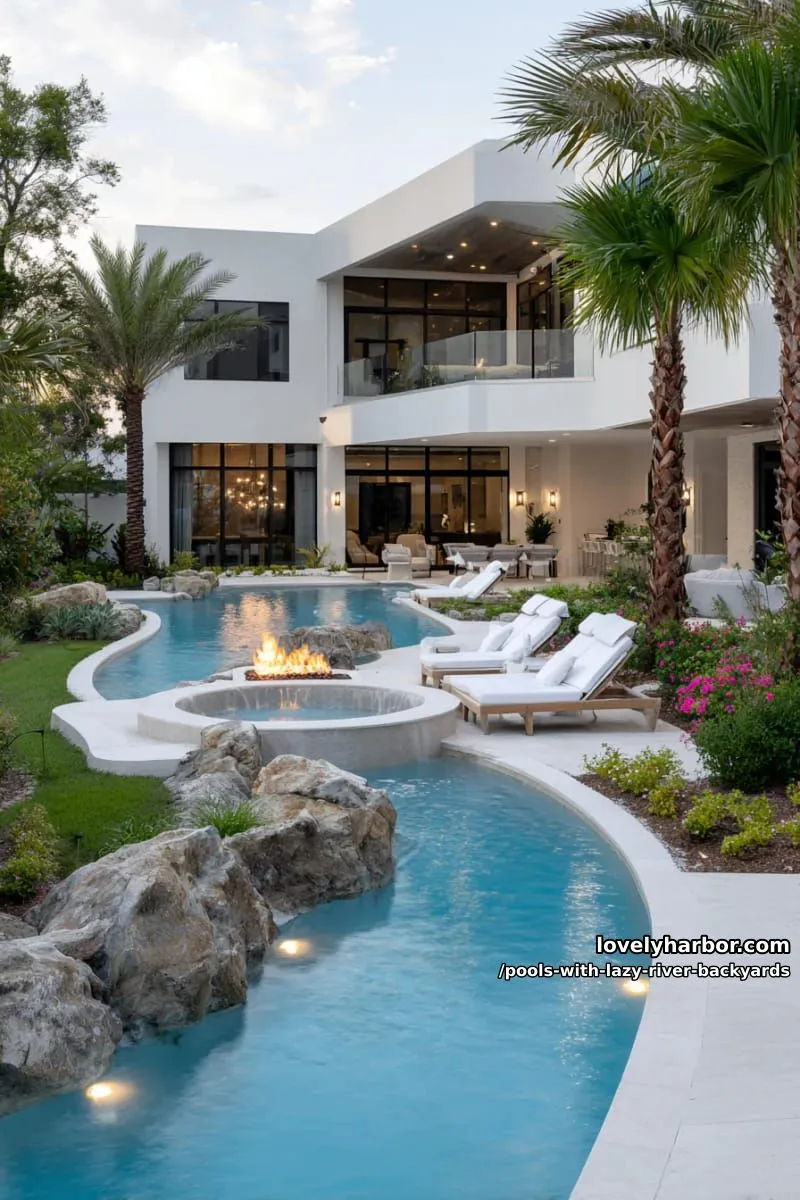 19 Pools with Lazy Rivers for Stunning Backyards 2 modern mansion with backyard resort pool, lazy river, and fire pit. 1