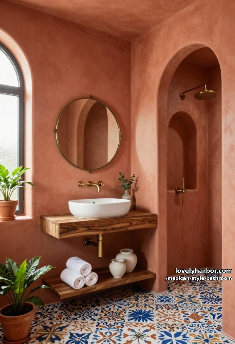 24 Mexican Style Bathrooms with Artistic Beauty 3 modern mediterranean bathroom with terracotta stucco, arches, and patterned tile floor. 1