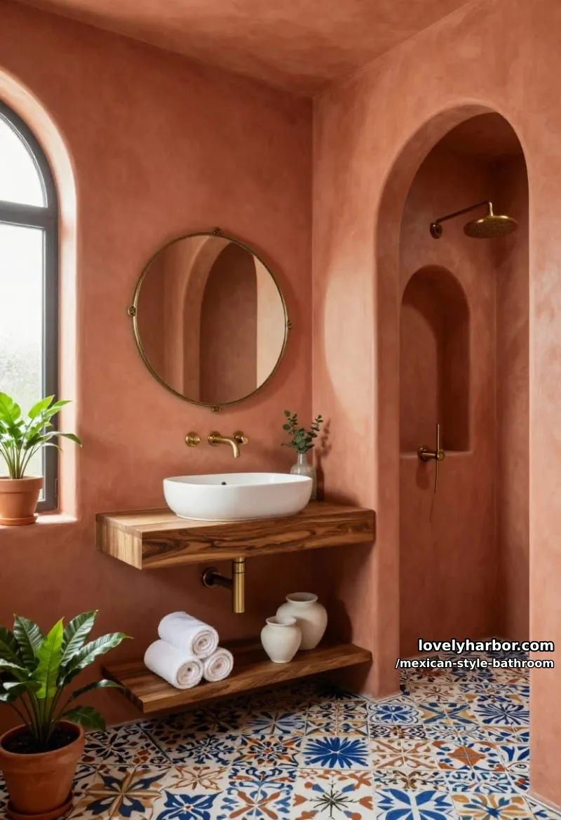 modern mediterranean bathroom with terracotta stucco, arches, and patterned tile floor. 1