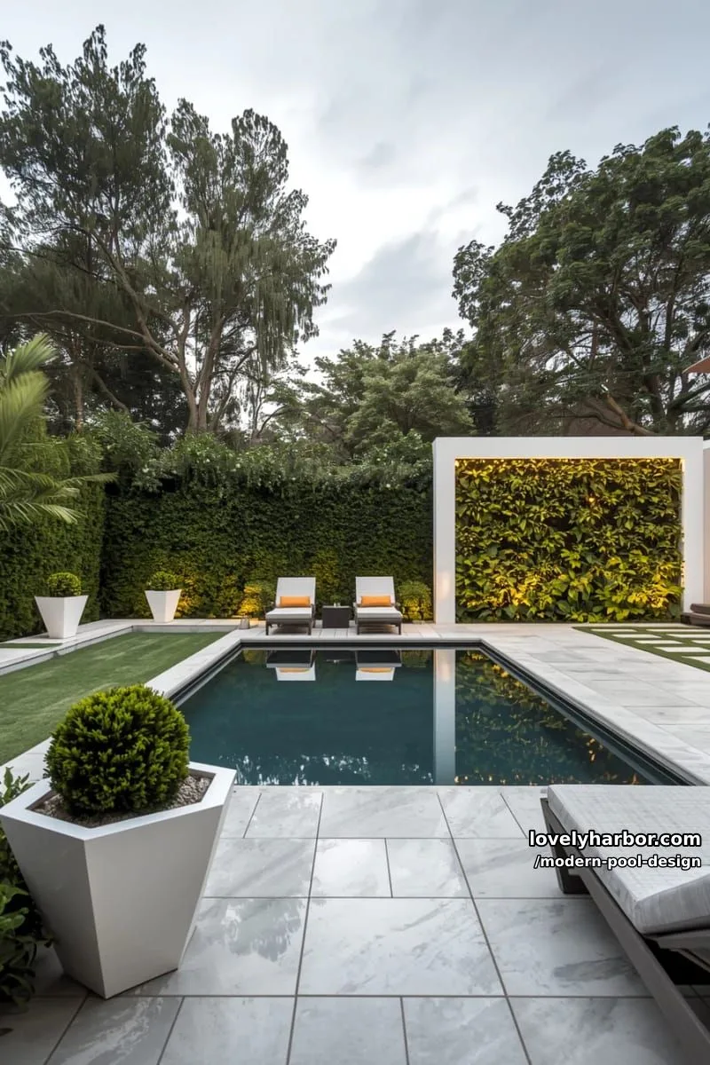 modern minimalist backyard with rectangular pool, white stone tiles, and geometric planters. 1