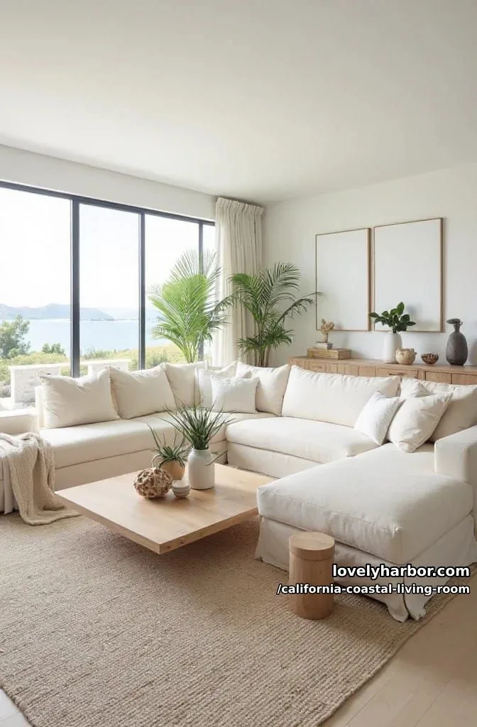 modern neutral living room, cream sectional, wood coffee table, and indoor plants. 1