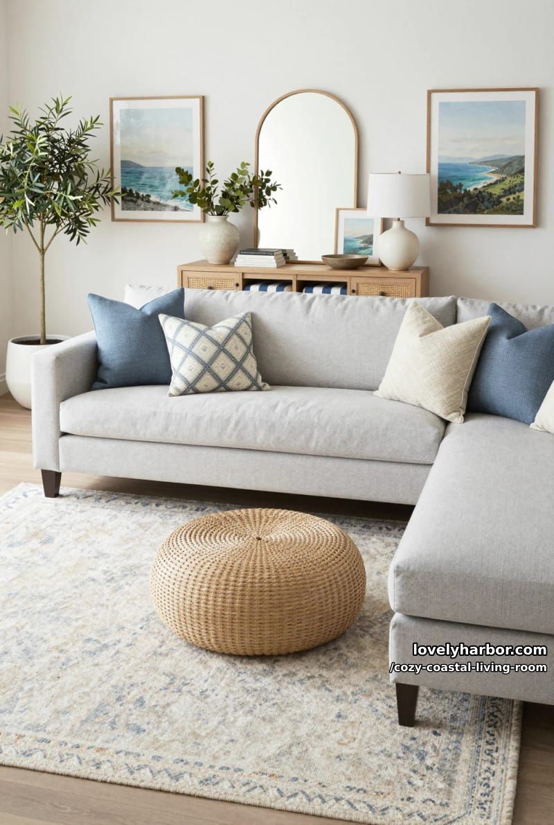 modern neutral living room with blue accents and natural woven textures 1