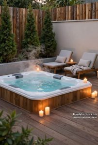 modern outdoor hot tub with wooden deck, lush plants, and candlelit ambiance. 1