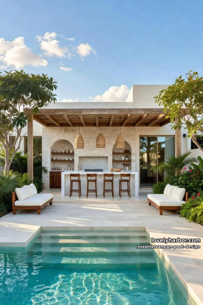 modern outdoor kitchen and pool, marble bar, pergola, and tropical framing. 1