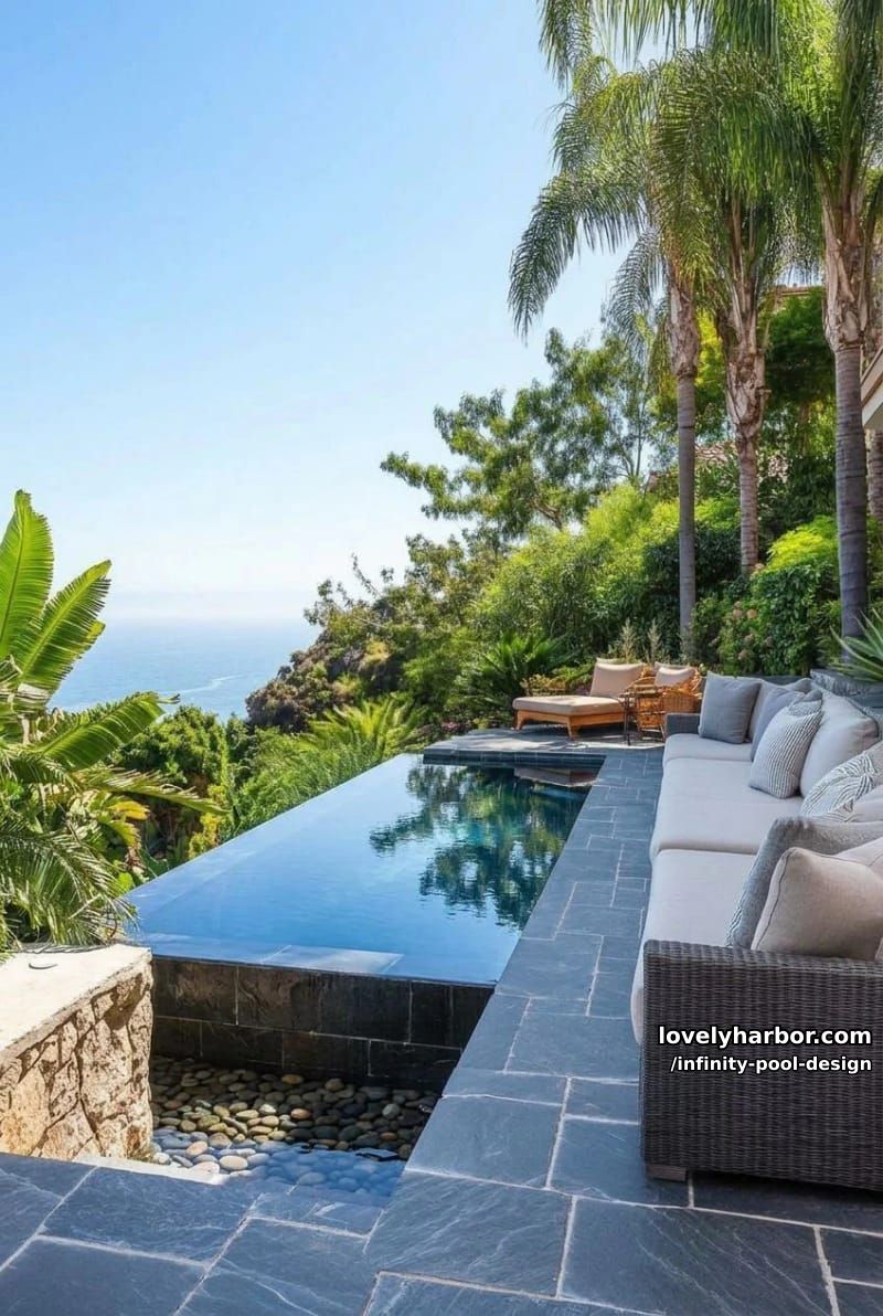 modern outdoor pool with gray stone tiles and modular sofa amid lush foliage. 1
