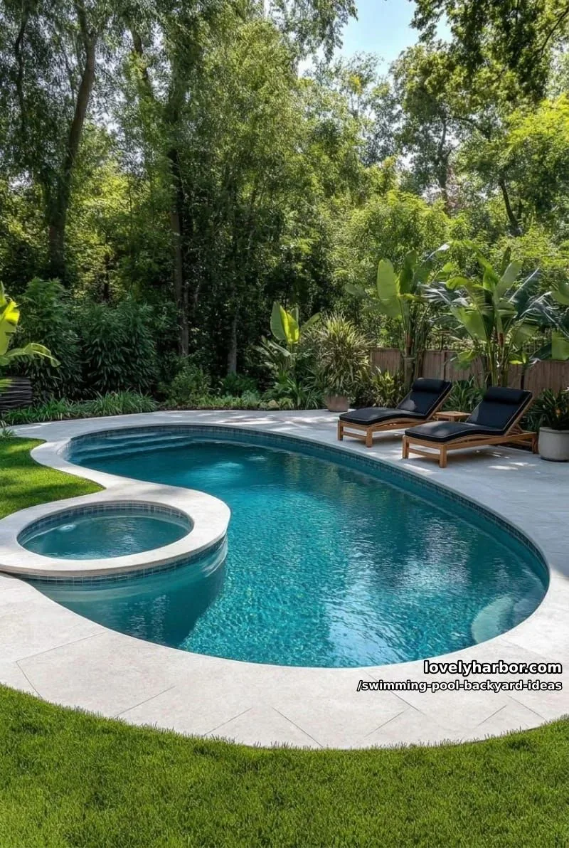 modern oval pool with intersecting hot tub and minimalist tropical landscaping 1