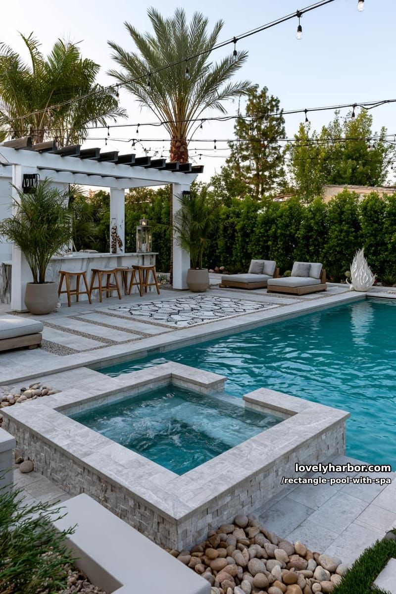 modern patio with pool, elevated hot tub, bar area, and pergola. 1