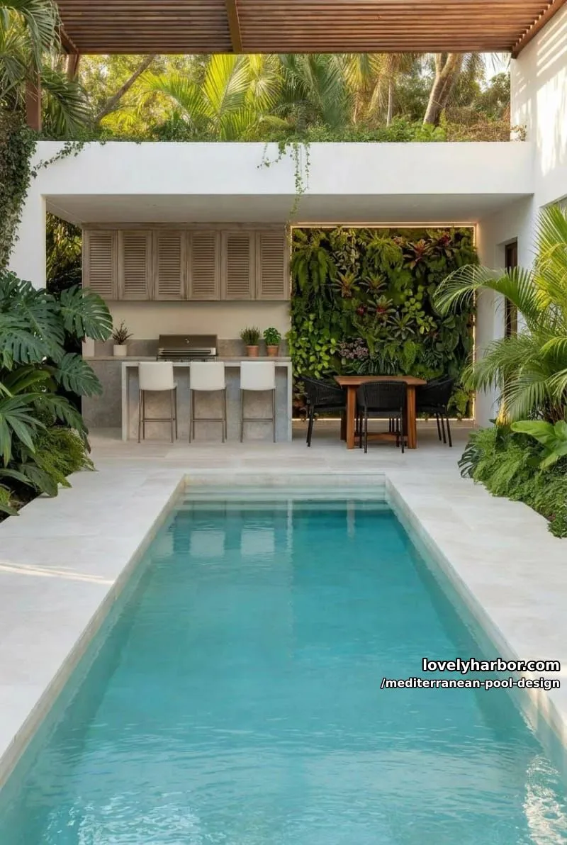 modern patio with pool, outdoor kitchen, dining, and lush tropical plants. 1