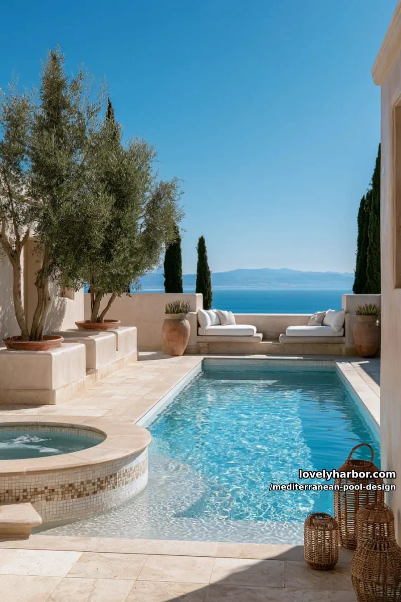 modern pool area with travertine deck, raised spa, and ocean view. 1