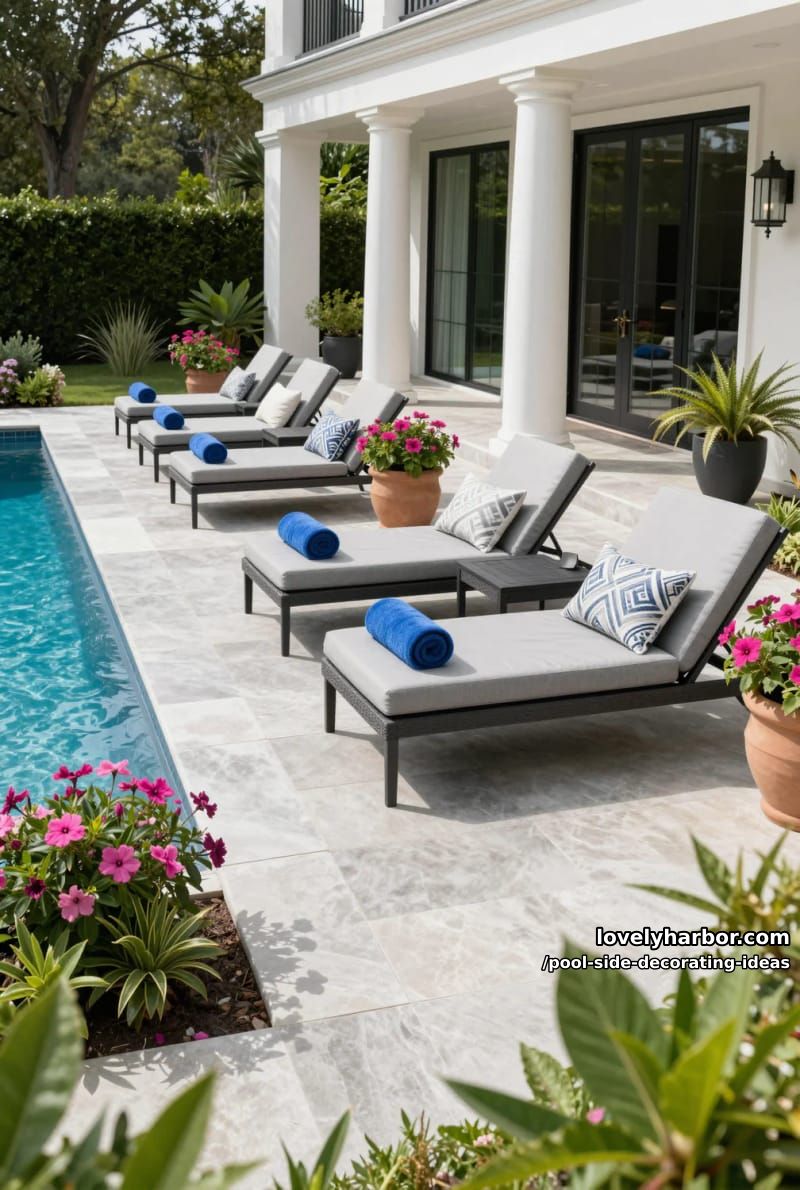 modern pool deck with gray lounge chairs, blue towels, potted flowers, and grand house. 1