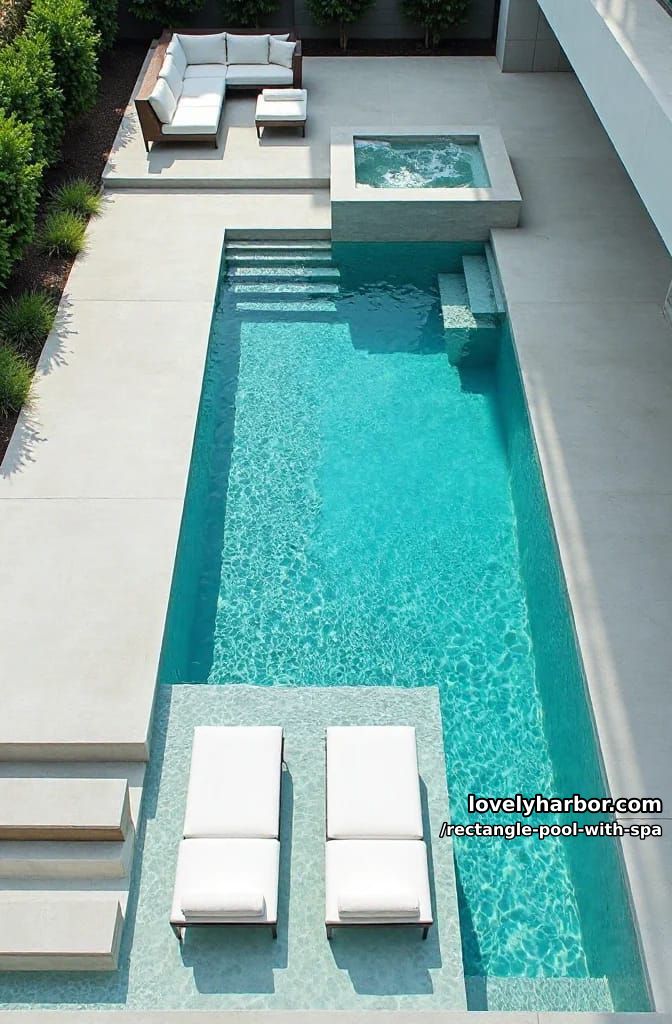 modern pool layout with spa, sun shelf, and stepping stones. 1