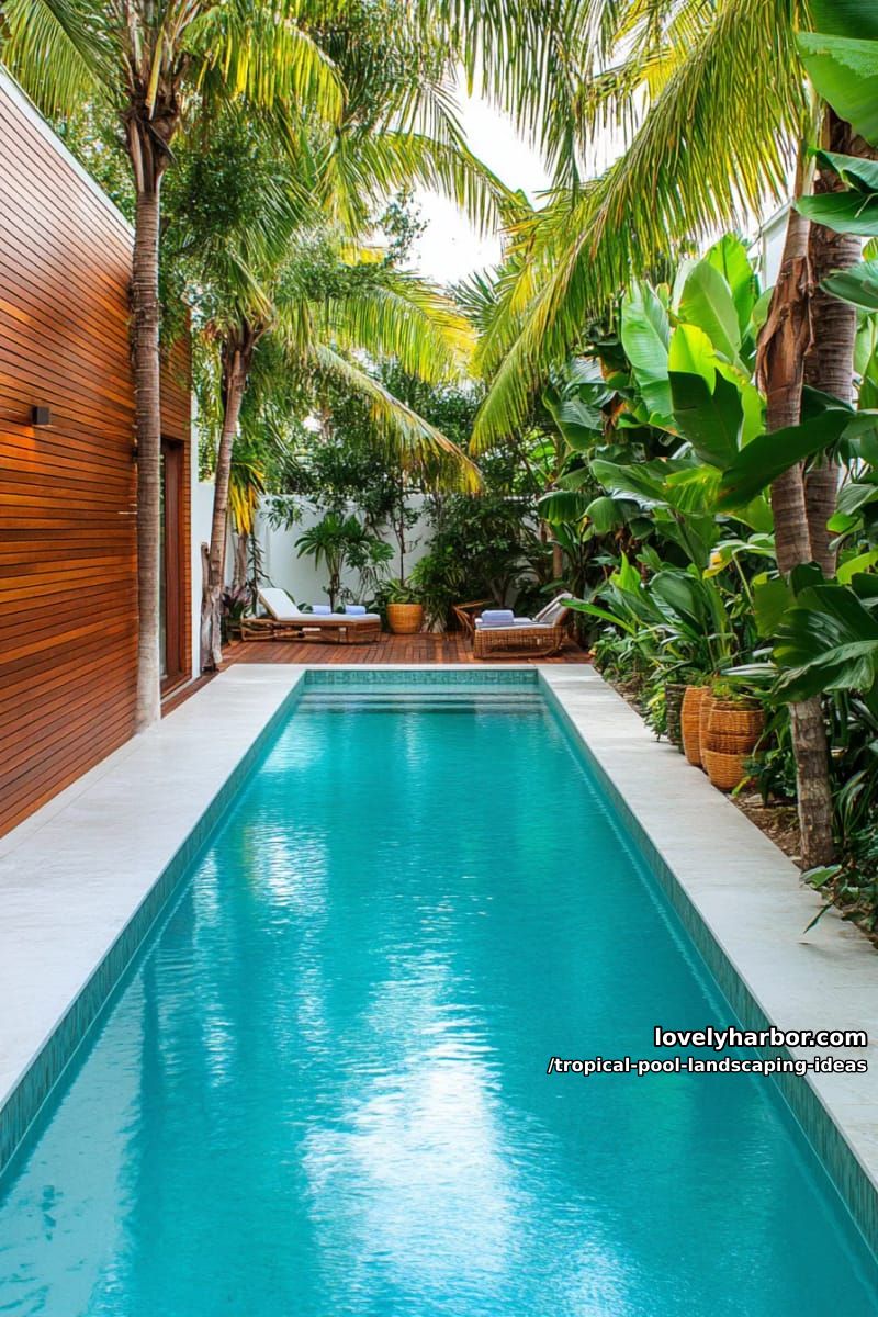 modern pool, lush tropical plants, wooden plank wall. 1