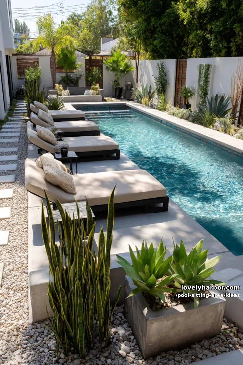 modern pool view with tan lounge chairs and decorative potted plants. 1
