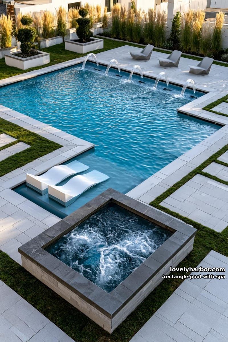 modern pool with hot tub, sun shelf, fountains, and geometric landscaping. 1