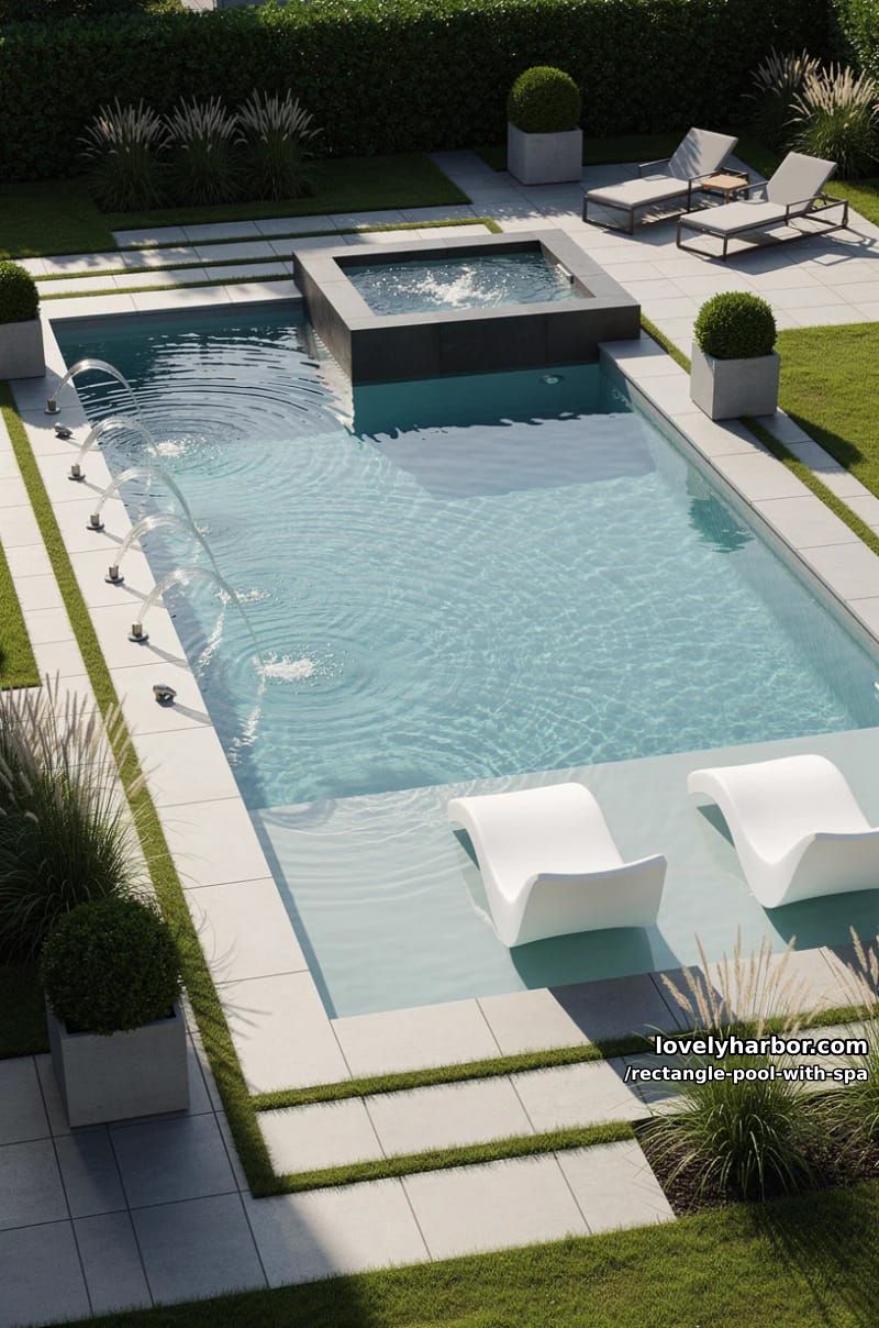 modern pool with hot tub, sun shelf, fountains, and geometric landscaping. 1