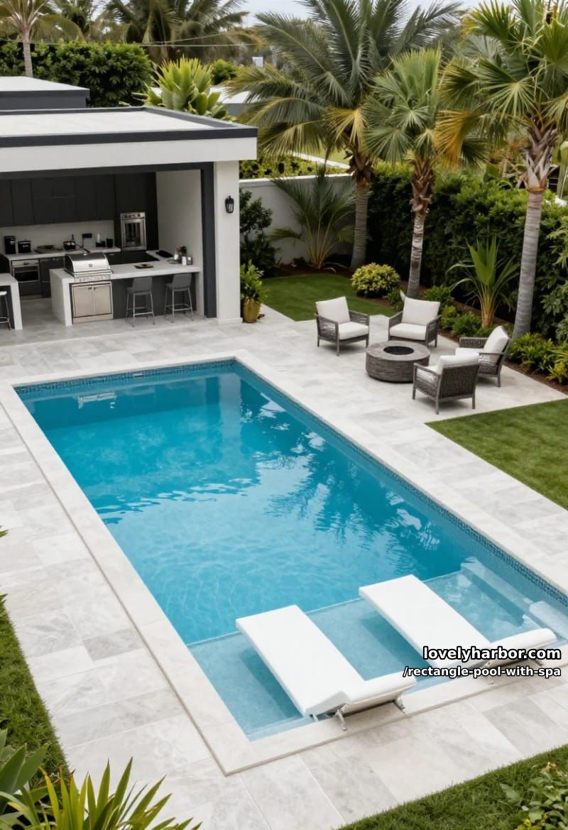 modern pool with sun shelf, fire feature, hot tub, and outdoor kitchen. 1
