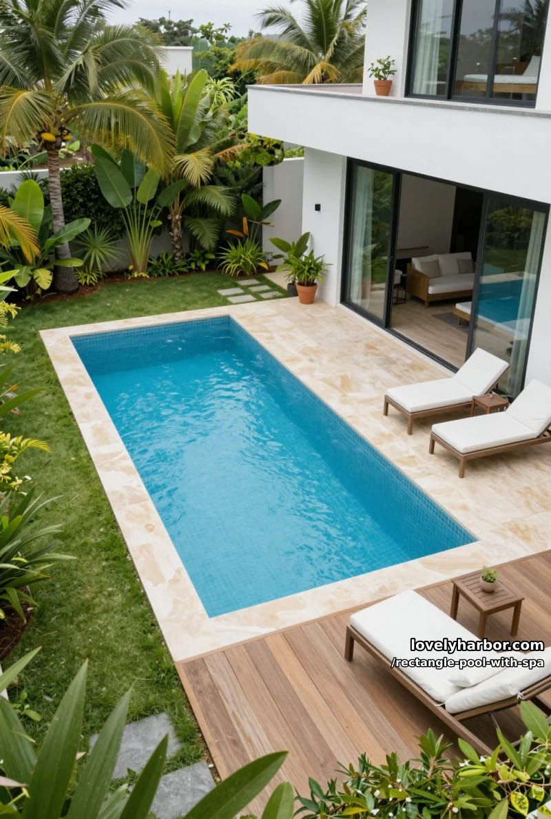 modern pool with tropical landscaping, lounge chairs, and floor-to-ceiling windows. 1