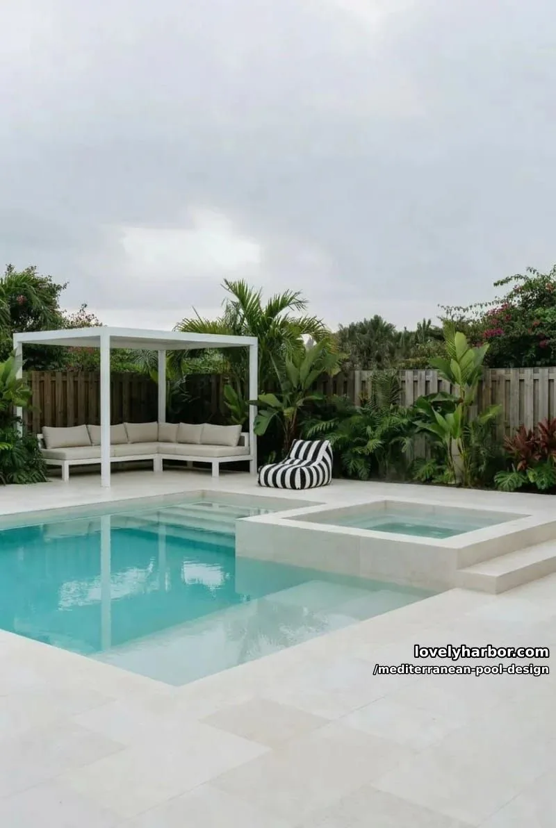 modern pool with wading section, hot tub, cabana, and tropical landscaping. 1