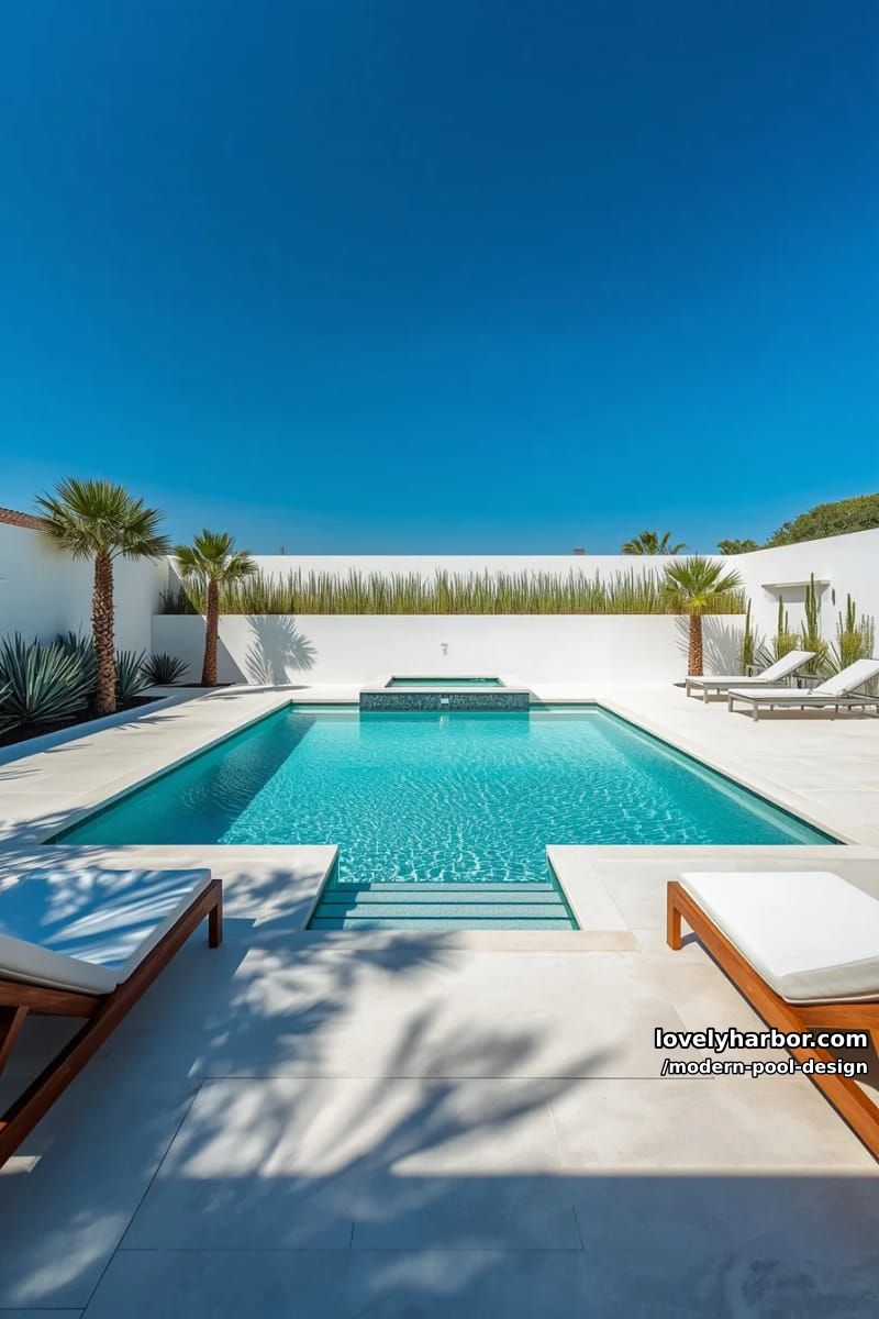 modern pool with white stone decking, minimal landscaping, and sleek loungers. 1