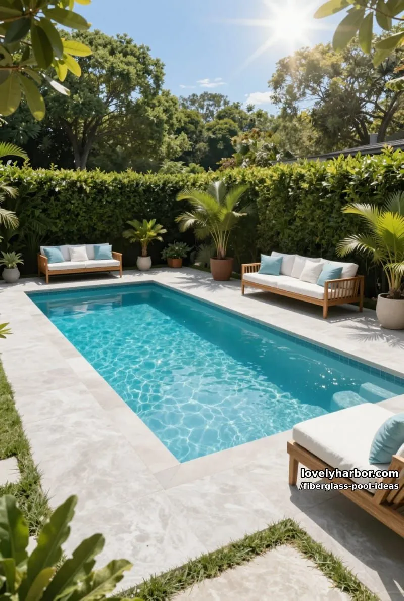 20 Fiberglass Pool Ideas for a Cozy Outdoor Retreat 18 modern rectangular fiberglass pool, contemporary outdoor seating, and tropical potted plants. 1